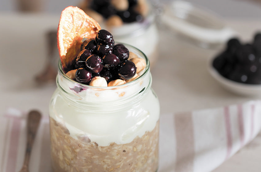 Overnight Oats, Manuka Blueberry Compote, Roasted Hazelnut Crunch