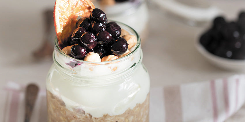 Overnight Oats, Manuka Blueberry Compote, Roasted Hazelnut Crunch